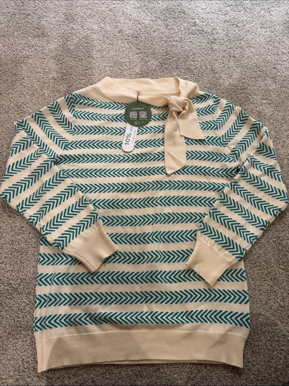OXXNT Cream & Teal Striped Tie-Neck Sweater